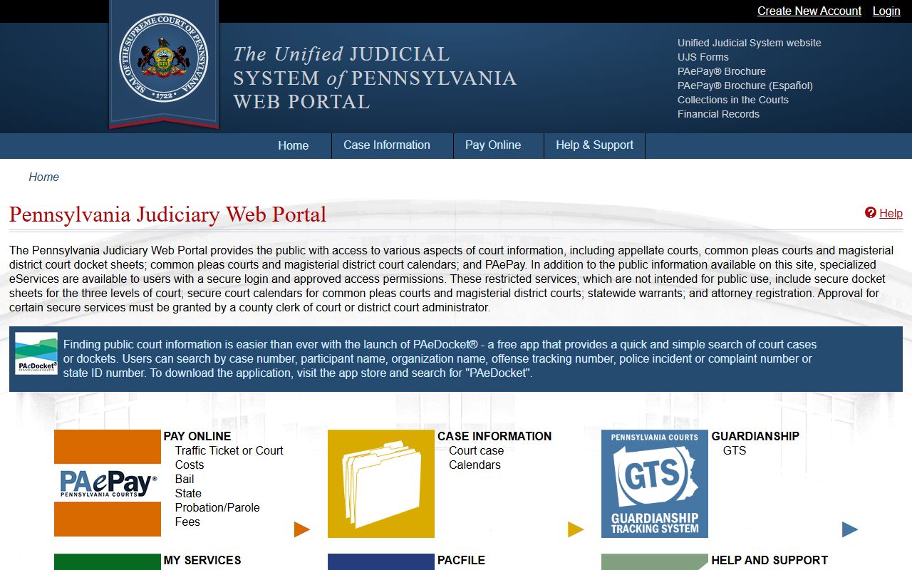 Pennsylvania arrest records available through the Unified Judicial System web portal